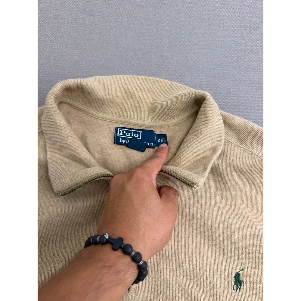 Polo Ralph Lauren Mens XXL Tan Beige 100% Cotton 1/4 Zip Pullover Sweater Ribbed